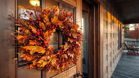Moving camera revealing autumn wreath on rustic front porch during golden hour