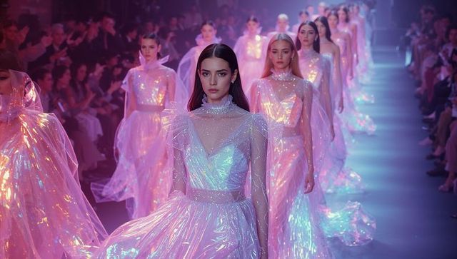 Models flawlessly handle iridescent gowns in high-fashion runway show