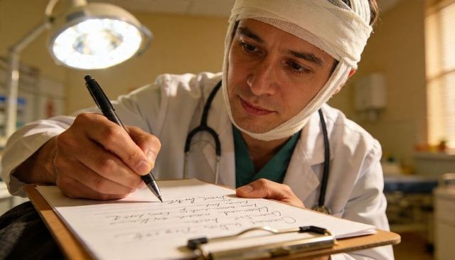 Wounded doctor writing medical notes on clipboard while wearing bandage and stethoscope