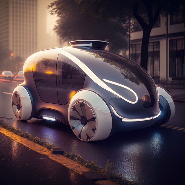 Futuristic self-driving car traveling down a deserted city street in the early morning. The vehicle has a sleek, modern design with soft lighting illuminating its exterior. Ideal for use in articles, presentations, and advertisements focused on future technology, smart cities, advanced transportation solutions, and innovations in automotive design.