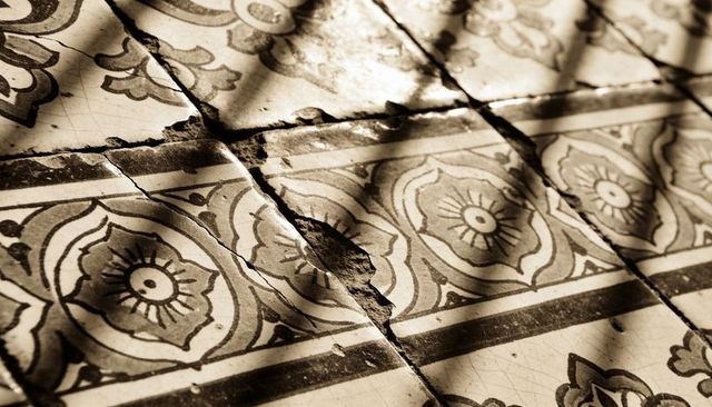 Sepia Worn Ceramic Tiles with Floral Motifs Showing Cracks, Chip and Vintage Texture