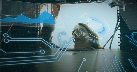 Innovative female engineer working in futuristic tech environment
