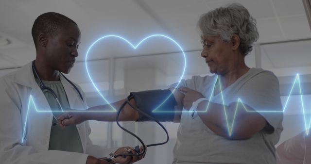 Senior Woman Having Blood Pressure Checked by Doctor with Heartbeat Overlay - Download Free Stock Images Pikwizard.com