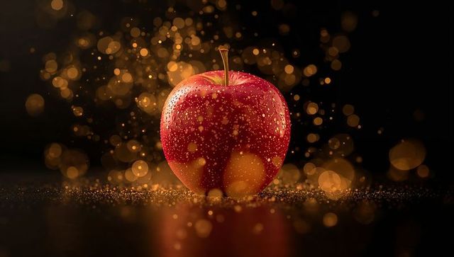 Shimmering red apple surrounded by enchanting gold dust
