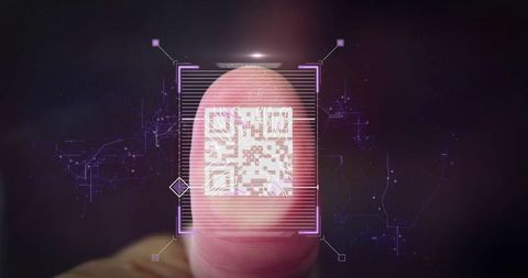 Futuristic interface scans thumb with qr code overlaying holographic grid