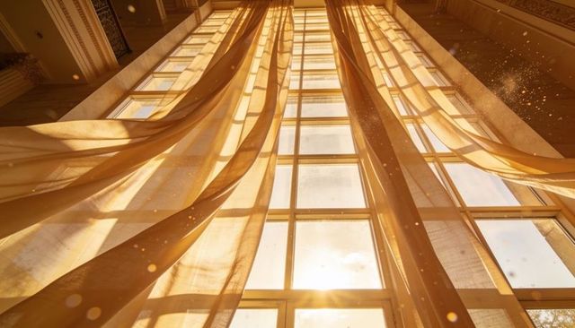 Golden sunlight streaming through floor-to-ceiling sheer curtains in grand foyer