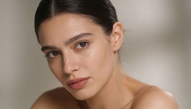 Young woman tilting head slightly, showing bare shoulders, soft natural makeup, neutral gaze