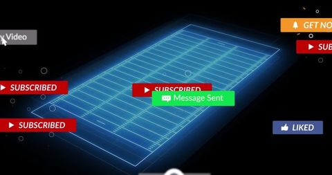 Futuristic neon hud football field with social media notifications and live stream overlays