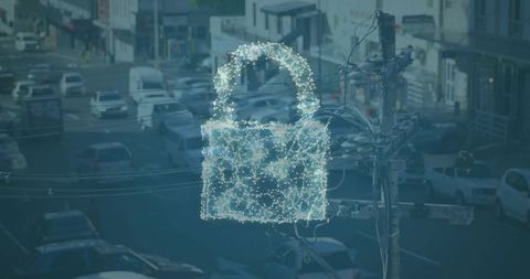 Holographic Padlock Representing Urban Cybersecurity