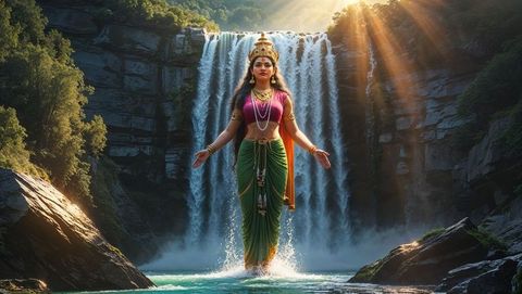 Mythic woman hovering above waterfall in lush natural setting