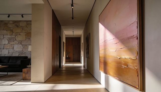 Sunlit modern corridor with textured abstract painting and stone wall interior