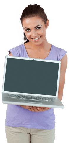 smiling woman holding transparent laptop showing screen - Download Free Stock Videos Pikwizard.com
