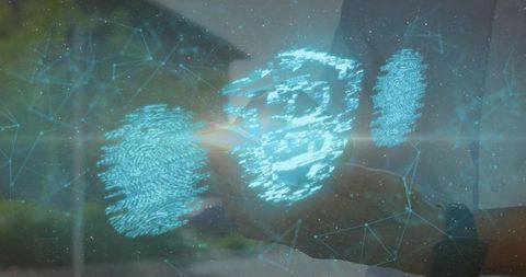 Holding adult male hand interacting with biometric holograms for wearable authentication and securit