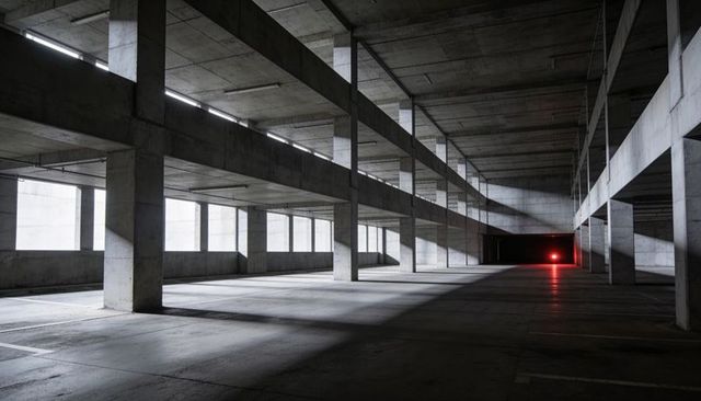 Empty Concrete Parking Garage Casting Long Shadows with Red Taillight at Vanishing Point