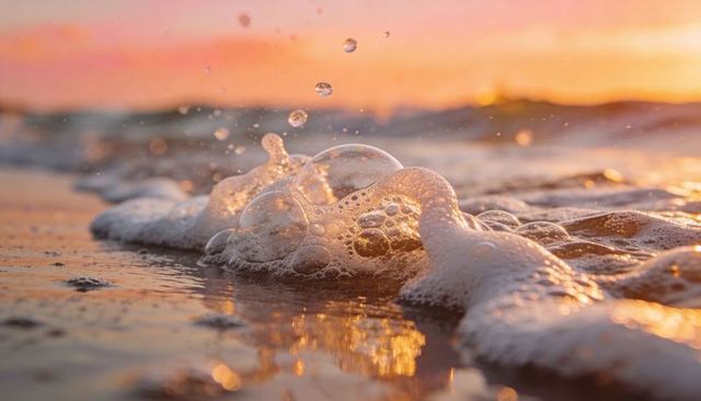 Glowing sunset foam bubbles rolling on wet sand close-up with sparkling droplets