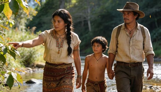 Sunlit riverside family crossing creek in embroidered clothing, father holding child's hand