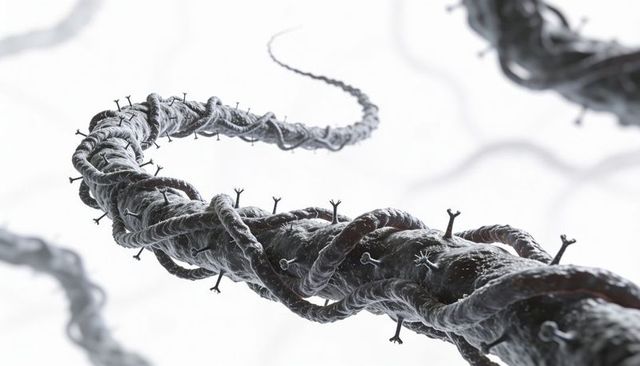 Twisted frosted fiber spiral with braided core and forked pegs high-key icy texture