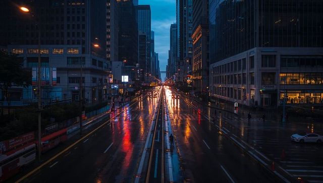 Rain-Soaked Downtown Avenue Reflecting Neon Headlights and Tram Tracks at Blue Hour Night