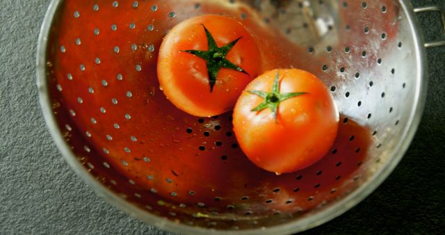 Two ripe tomatoes in a metal colander, showcasing the freshness and quality of the vegetables. Ideal for use in cooking blogs, healthy recipe websites, or kitchen-themed social media posts.