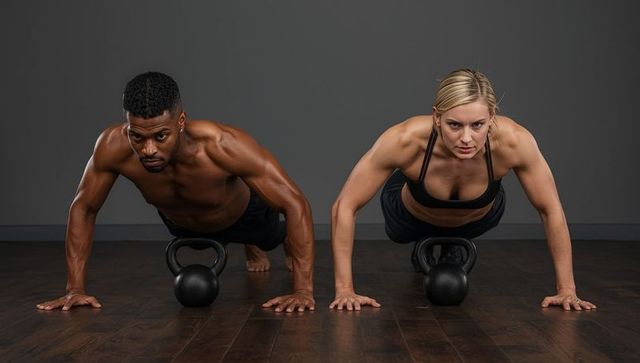 Fit adults practicing kettlebell push-ups on wooden floor