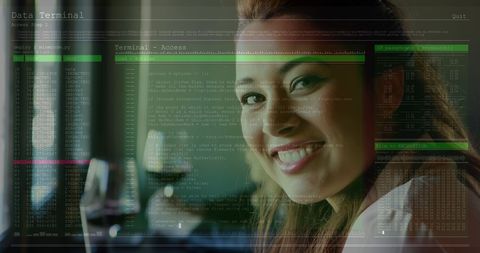 Woman Smiling While Data Processing Interface Overlays Portrait