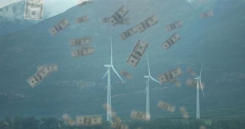 Wind Turbines and Floating Dollar Bills in Mountain Landscape