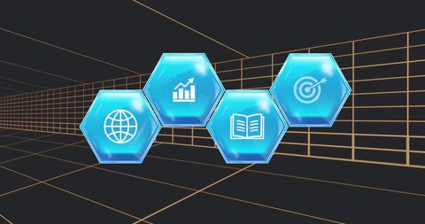 Digital Blue Icons on Abstract Black Geometric Background - Download Free Stock Images Pikwizard.com