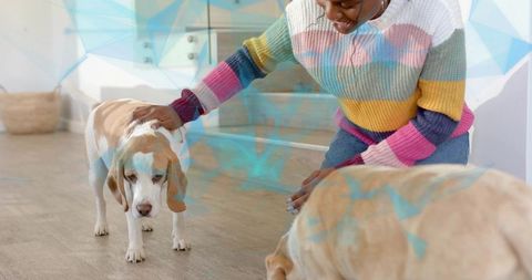 Woman in Colorful Sweater Petting Dogs in Cozy Living Room