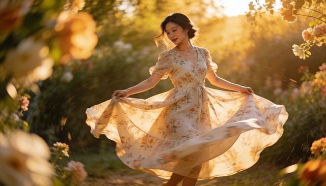 Asian woman twirling flowing floral dress at golden hour in dreamy garden