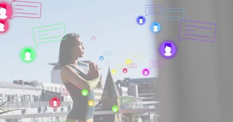 Rooftop yoga man meditating on balcony with colorful social media notification overlays