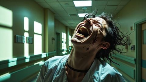 Distressed patient in a crazy hospital corridor scene