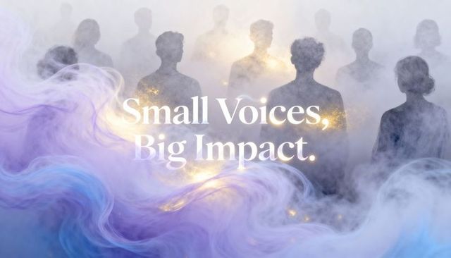 Small voices big impact — silhouetted people emerging from purple blue mist with golden glow