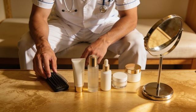 Doctor in white scrubs arranging skincare bottles and hairbrush on golden table