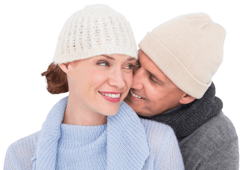 Transparent Couple Smiling with Warm Winter Clothing Embrace
