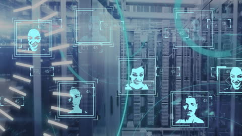 Digital Faces Overlaying High-Tech Server Room with Data Interface