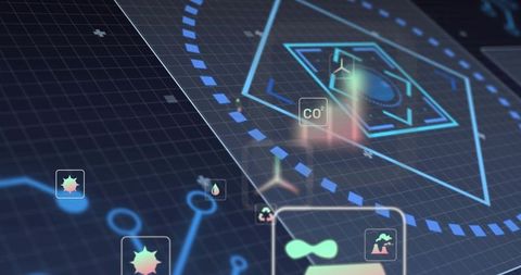 Futuristic Holographic HUD Visualizing Wind Turbine CO2 Emissions on Neon Grid Dashboard