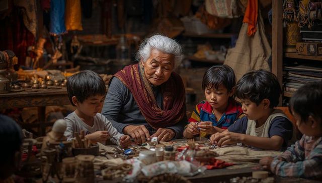 Elderly artisan teaching children to assemble wooden toys and textiles in cozy workshop