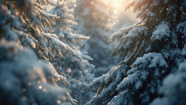 Serene Snow-Laden Pine Branches in Winter Forest