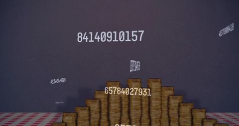 Stacking gold coin pyramid with floating numeric data overlay for financial growth concept