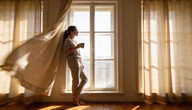 Standing woman holding mug gazing out sunlit window with billowing curtain cozy apartment