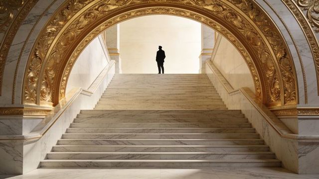 Standing silhouetted man atop marble staircase beneath gilded arch in historic opulent hall