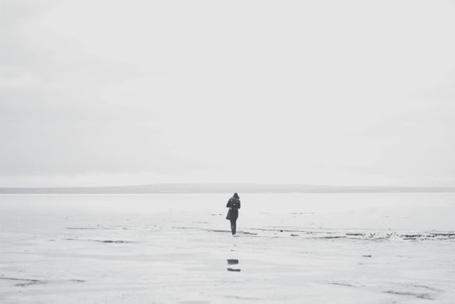 Solitary Figure Walking on Vast Beach in Misty Weather - Download Free Stock Images Pikwizard.com