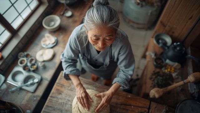 Sunlit rustic kitchen senior woman kneading homemade sourdough on wooden worktable