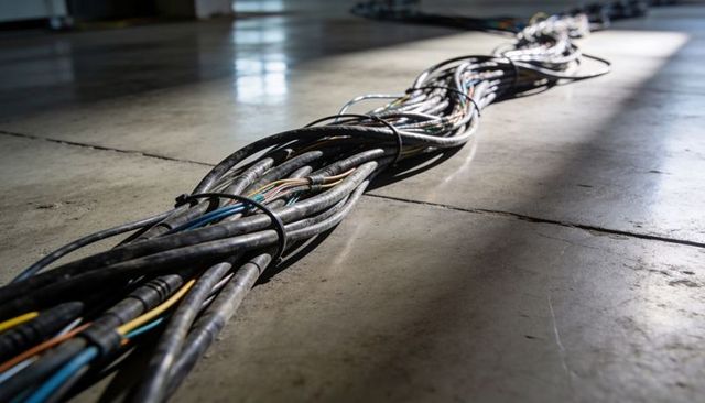 Bundled industrial cables running diagonally across concrete floor with sunlight and shadow texture