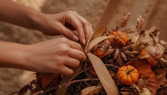 Hands tying burlap bow on autumn wreath with mini pumpkins and dried leaves