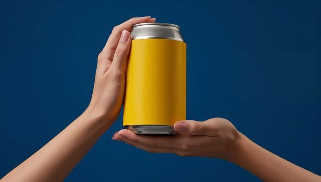 Hand holding blank aluminum can with yellow label on deep blue background