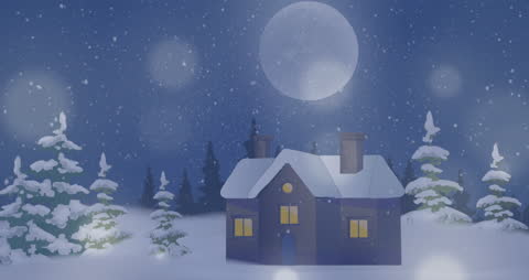 Cozy Winter House Under Falling Snow at Night