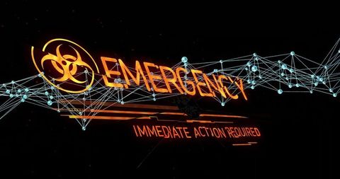 Digital emergency alert with biohazard symbol in futuristic neon design