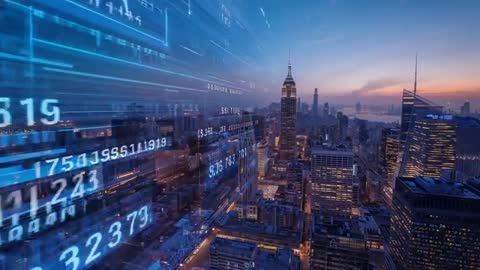 Dusk Falls Over Manhattan With Digital Financial Overlay