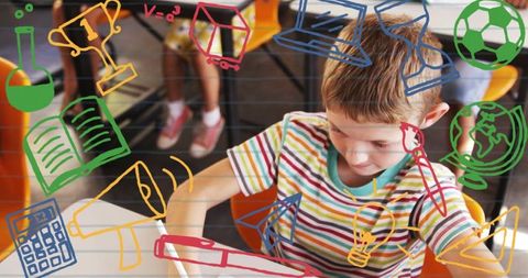 Schoolboy Writing in Classroom with Creative Icons Illustrated